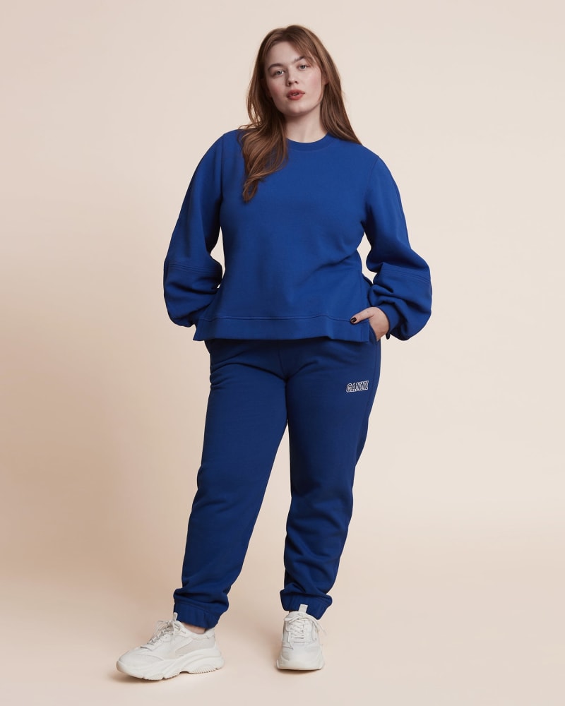 Front of a model wearing a size L Lounge Pull-On Pant in BLUE by GANNI. | dia_product_style_image_id:226721